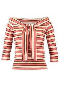 Off-the-shoulder, ribbet top med lyserøde og cremefarvede vandrette striber, med et tiedetail ved halsudskæringen og trekvartærmer.
