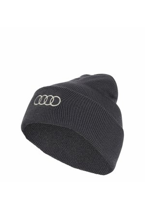 Gorro de punto gris oscuro con borde doblado que presenta un pequeño logo blanco bordado de cuatro anillos entrelazados.