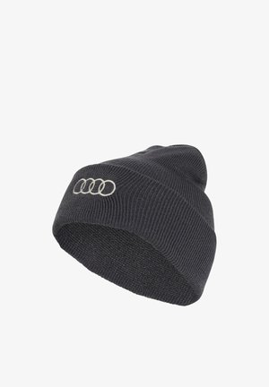 Dark gray knitted beanie with folded edge featuring a small, white embroidered logo of four interlinked rings.