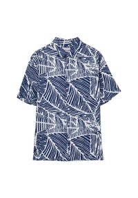 Camicia a maniche corte con bottoni di colore bianco, decorata con un motivo a foglie blu navy. Presenta un colletto classico e una texture morbida.