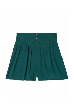 Tumedrohelised kõrge vöökohaga lühikesed püksid kolme puidust nupuga ja tekstuurse, voldilise kangadisainiga.