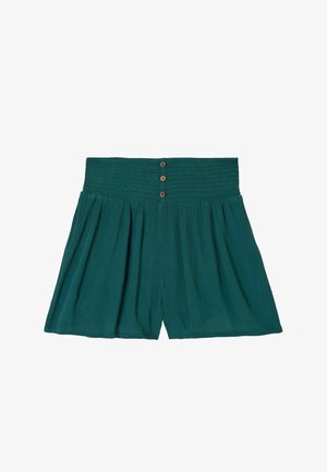 Pantaloncini verde scuro a vita alta con tre bottoni di legno e un tessuto testurizzato plissettato.
