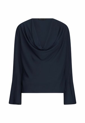 Maglione blu navy con collo a cowl e maniche a campana di tre quarti, realizzato in un tessuto liscio e leggero, con una silhouette rilassata.