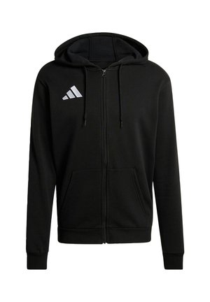 Sweat à capuche noir zippé avec poches frontales, capuche avec cordon et logo blanc à trois bandes sur le haut gauche de la poitrine.