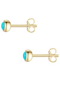 Goldene Steckerohrringe mit einem abgerundeten Türkiststein in einer Zargenfassung, ausgestattet mit einem einfachen Stecker und einem Schmetterlingsverschluss für sicheren Halt.