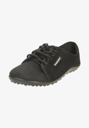 Black mesh sneakers with round toe, lace-up design, rubber sole, and textured surface for breathability. Features subtle brand label on side.