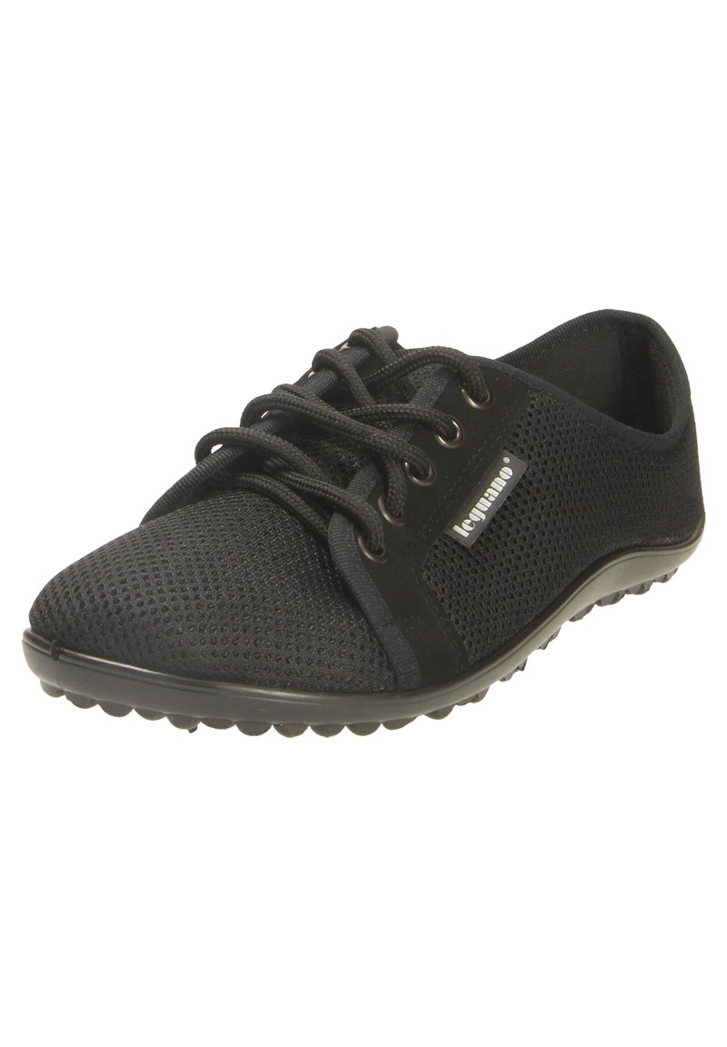 Black mesh sneakers with round toe, lace-up design, rubber sole, and textured surface for breathability. Features subtle brand label on side.