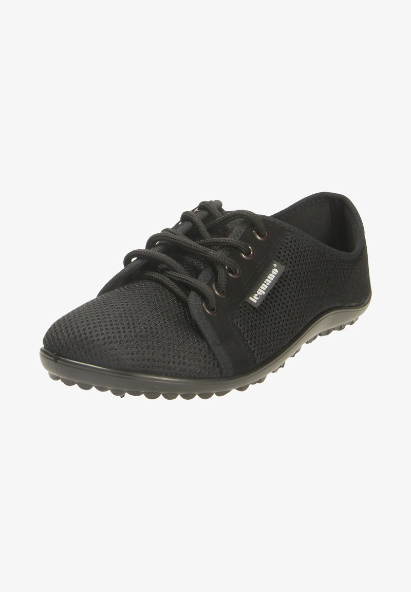 Black mesh sneakers with round toe, lace-up design, rubber sole, and textured surface for breathability. Features subtle brand label on side.