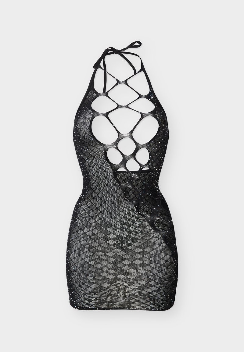 Μαύρο μίνι φόρεμα με λαιμόκοψη halter, γεωμετρικά κοψίματα και σχέδιο από δίχτυ, διακοσμημένο με μικρές λαμπερές στρας.