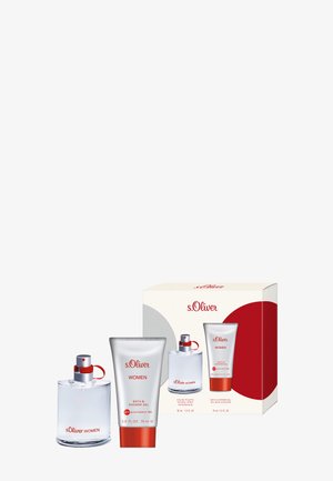 Coffret parfum s.Oliver Femmes avec vaporisateur d'eau de toilette et gel bain & douche dans un emballage argenté et rouge.