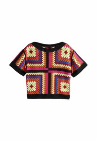 Kootud lühikese varrukaga crop-top, millel on mitmevärvilised ruudumustrid roosa, rohelise, musta ja oranži tooni ning lai ümmargune kaelus.