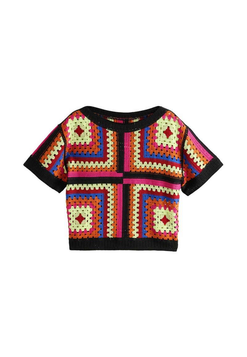 Kootud lühikese varrukaga crop-top, millel on mitmevärvilised ruudumustrid roosa, rohelise, musta ja oranži tooni ning lai ümmargune kaelus.
