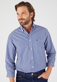 Camisa de botones a rayas azules y blancas con un corte ajustado, tela de algodón, mangas largas arremangadas en los puños y un pequeño logo en el pecho.