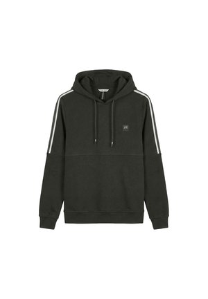 Zwarte hoodie met witte strepen op schouders en mouwen, trekkoorden en een klein rechthoekig logo op de borst.