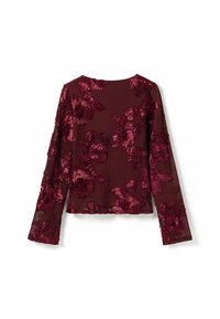 Burgundi pikad varrukad blouse, mis on valmistatud läbipaistvast kangast ning tumesinistest sametõmblustest lilledega, ümmarguse kaeluse ja sirge alläärega.