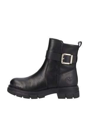 Black leather ankle boot with a silver buckle strap, textured finish, rugged sole, and a round toe design. Features a pull tab at the heel.