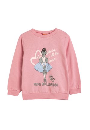 Vaaleanpunainen collegepaita, joka esittelee ballerinan grafiikkaa, pyöreä kaula-auko, pitkät hihat ja tekstit "Mini Ballerina" ja "dance" hopeapainatuksella. Pehmeä materiaali.