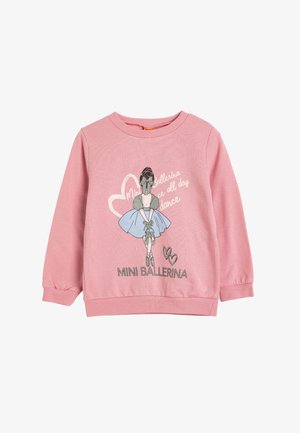 Rosa Sweatshirt mit einem Ballerina-Graphic, Rundhalsausschnitt, langen Ärmeln und dem Text "Mini Ballerina" und "dance" in silberner Druckschrift. Weiches Material.