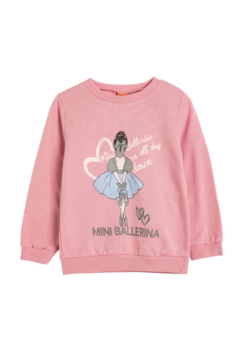 Rosa sweatshirt med en ballerina-grafik, rund hals, långa ärmar och texten "Mini Ballerina" och "dance" i silvertryck. Mjuk material.