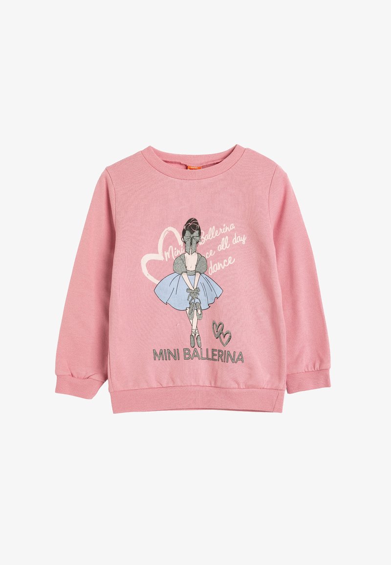 Sudadera rosa con un gráfico de bailarina, cuello redondo, mangas largas y texto "Mini Ballerina" y "dance" en impresión plateada. Material suave.