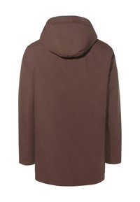Giacca a cappuccio marrone con una finitura liscia e opaca, taglio dritto e design minimalista. Nessun sistema di chiusura visibile o dettagli aggiuntivi.
