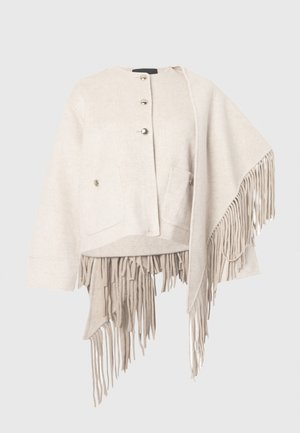 Giacca in misto lana di un beige chiaro con scollo arrotondato, chiusura a bottoni, due tasche frontali e orlo asimmetrico con lunghe frange.