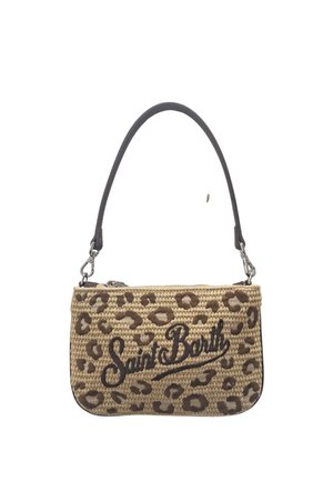 Lille rektangulær vævet håndtaske med leopardprint og sort "Saint Barth"-skrift, med aftagelig sort læder skulderrem og lynlåslukning.