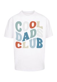 White cotton t-shirt featuring playful, multicolored letters spelling "COOL DADS CLUB" in various shapes and sizes. Simple crew neckline.