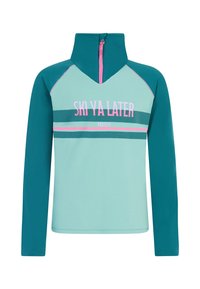 Teal en lichtblauwe longsleeve pullover met een kwart rits, voorzien van de tekst "SKI YA LATER" en contrasterende strepen in roze en donker teal.