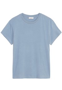 Camiseta de algodón de color azul claro con mangas cortas y escote redondo. Presenta un diseño simple y una textura suave y lisa.