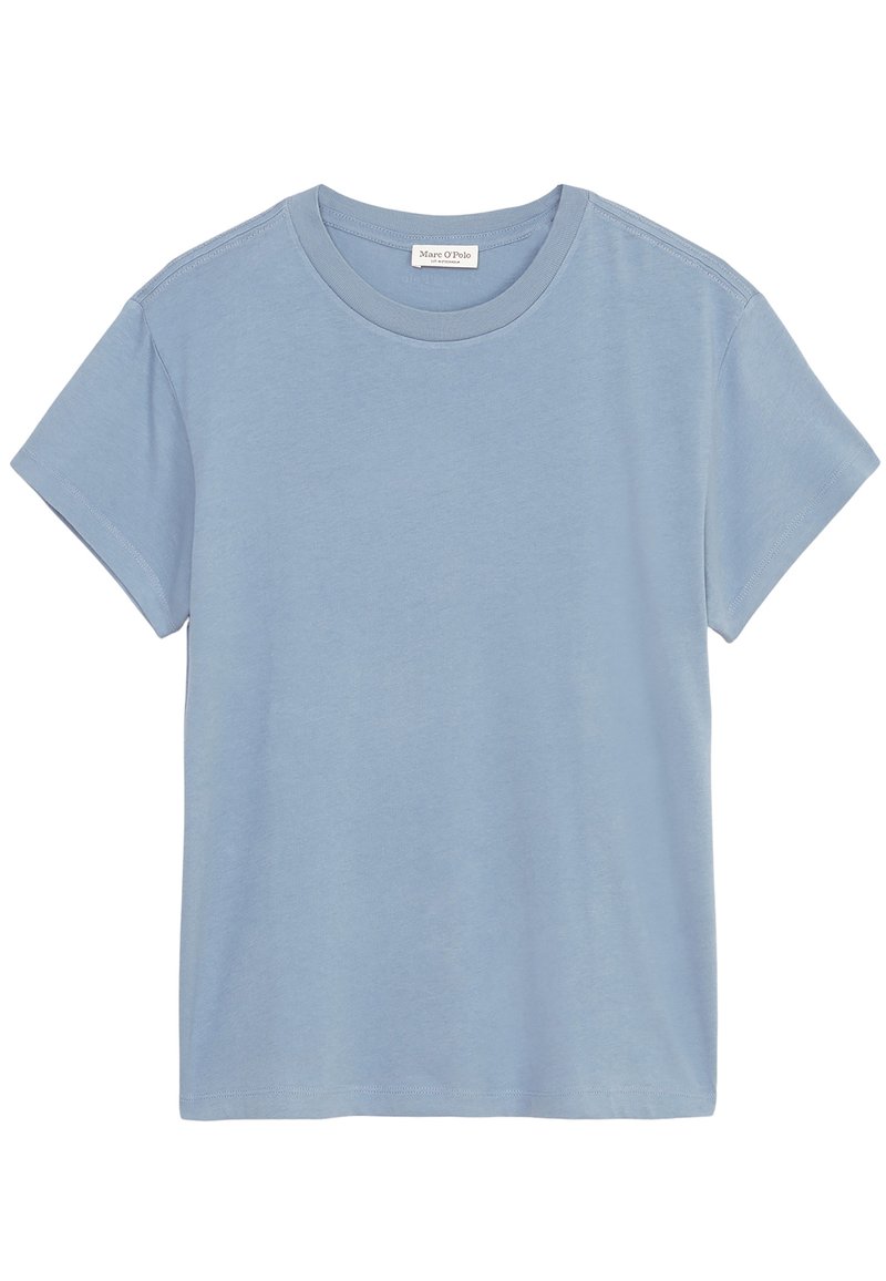 Camiseta de algodón de color azul claro con mangas cortas y escote redondo. Presenta un diseño simple y una textura suave y lisa.