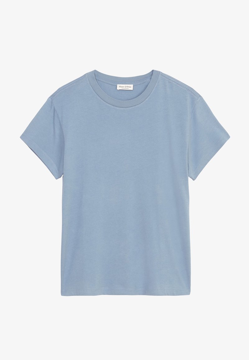 Camiseta de algodón de color azul claro con mangas cortas y escote redondo. Presenta un diseño simple y una textura suave y lisa.