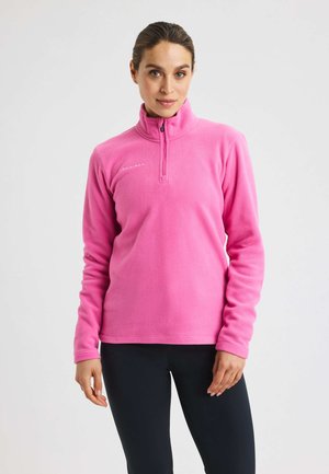 Roze fleece pullover met een kwart-rits halslijn en lange mouwen. Zachte textuur, logo op de borst en rechte zoom.