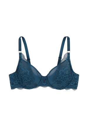 Soutien-gorge push-up en dentelle turquoise avec motif floral, soutien par armatures, bretelles en satin réglables et accent décoratif au centre.