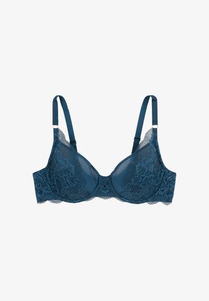 Soutien-gorge push-up en dentelle turquoise avec motif floral, soutien par armatures, bretelles en satin réglables et accent décoratif au centre.