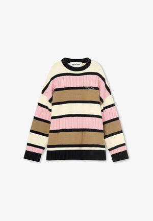 Crewneck sweater with horizontal stripes in pink, beige, cream, and black, featuring cable knit details and ribbed cuffs and hem.
