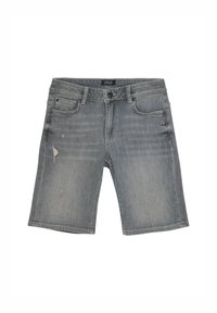 Lichtgrijze denimshorts met een lichte vervaging, voorzien van een knoopsluiting, vijf zakken en beschadigde details aan de voorkant.