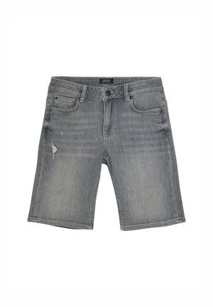 Lichtgrijze denimshorts met een lichte vervaging, voorzien van een knoopsluiting, vijf zakken en beschadigde details aan de voorkant.