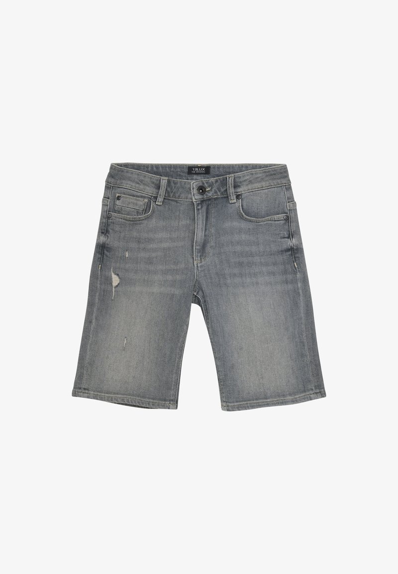 Lichtgrijze denimshorts met een lichte vervaging, voorzien van een knoopsluiting, vijf zakken en beschadigde details aan de voorkant.