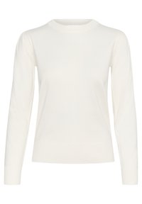 Pull blanc à manches longues avec col rond, poignets et ourlet côtelés, confectionné en tissu en maille douce, présenté sur un fond uni.