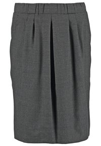 Jupe crayon gris en tissu texturé avec un devant plissé et une taille élastique. Coupe droite jusqu'au genou.