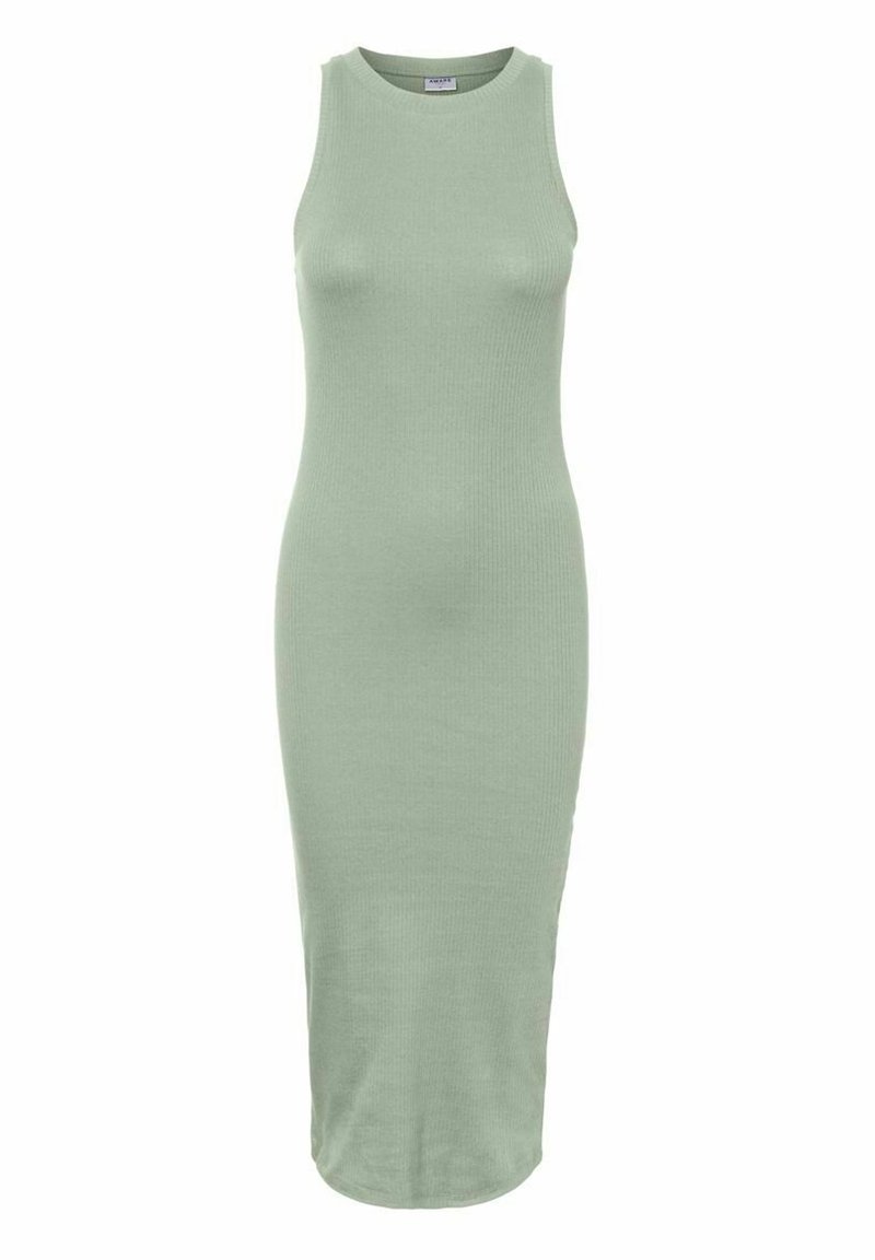 Robe sans manches côtelée de couleur vert clair, coupe ajustée, longueur au genou, en tissu doux, avec un col rond et sans éléments métalliques visibles.