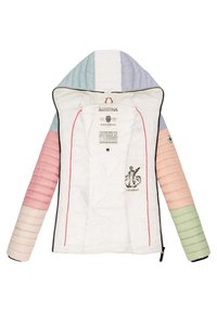 Multicolored puffer jacket with a white interior; features light blue, pink, and green quilted panels, red accent seam, and logo detail.