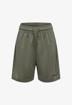 Olivgrüne sportliche Shorts mit elastischem Bund, Kordelzug, Seitennähten und kleinem Markenlogo am Saum des linken Beins.