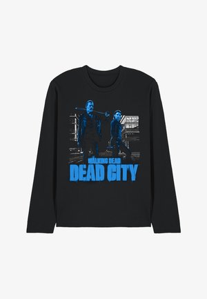 Black long-sleeve shirt with blue graphic of two characters holding weapons in an urban setting, titled "The Walking Dead Dead City."