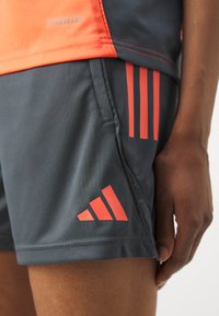 Pantalones cortos deportivos grises con un patrón de tres rayas naranjas y logo. Textura ligera y suave con un diseño transpirable.