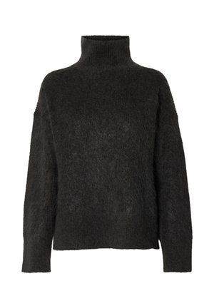 Črni pulover z dolgimi rokavi in visokim ovratnikom, izdelan iz mehke, teksturirane tkanine z rahlo ohlapnim krojem.