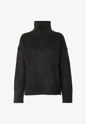 Melnā pūkainā garroku džemperis ar augstu apkakli, izgatavots no mīksta, teksturēta auduma un ar nedaudz vaļīgu piegriezumu.