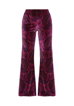 Udsvingende bukser i et livligt lilla paisley mønster, med elastisk talje og blødt, tekstureret stof.