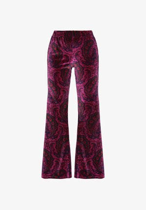 Flared trousers in a vibrant purple paisley pattern, featuring an elastic waistband and soft, textured fabric.